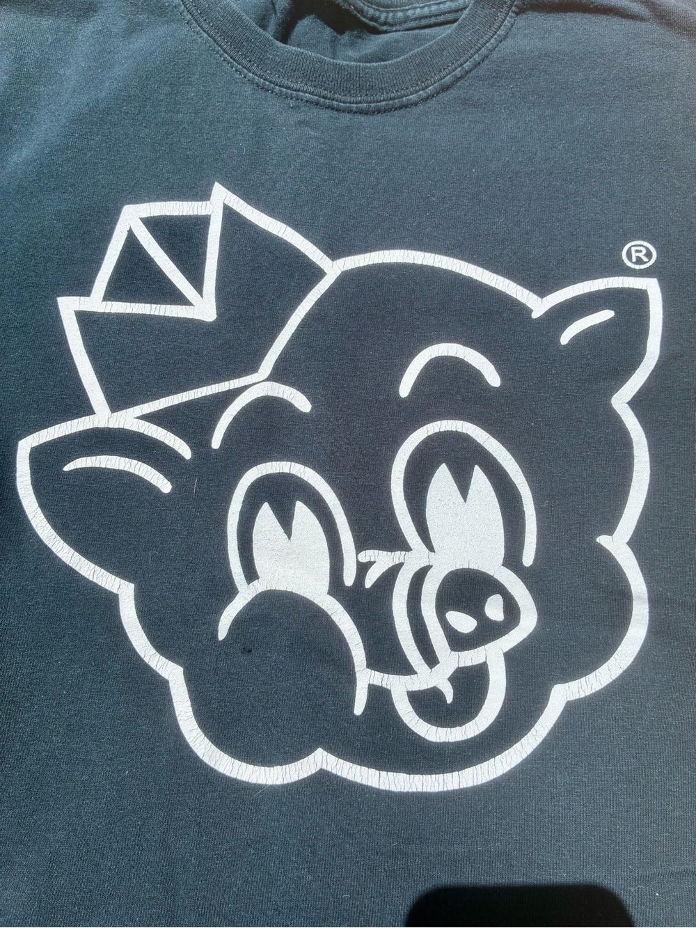 Black vintage Graphic Tee with White Cartoon Pig Design